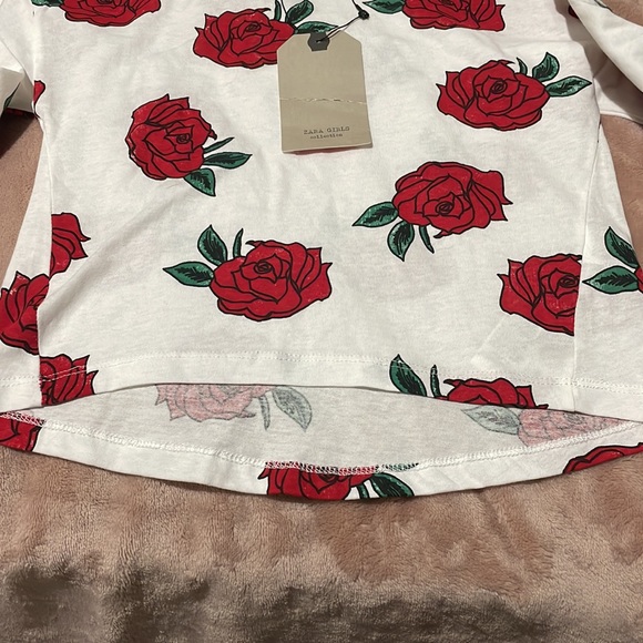 Zara 5 white red rose long sleeve high low hemline nwt 💯 cotton - Picture 4 of 7